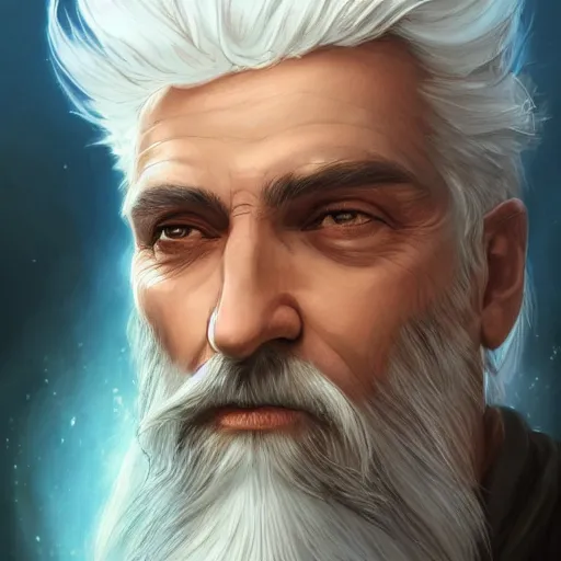 Image similar to a man with white hair and beard, wearing nomadic clothing holding a soul jar portrait, backlight, rim lighting, deep focus, d & d, fantasy, intricate, elegant, highly detailed, digital painting, artstation, concept art, matte, centered, sharp focus, illustration, hearthstone, art by artgerm, greg rutkowski and alphonse mucha