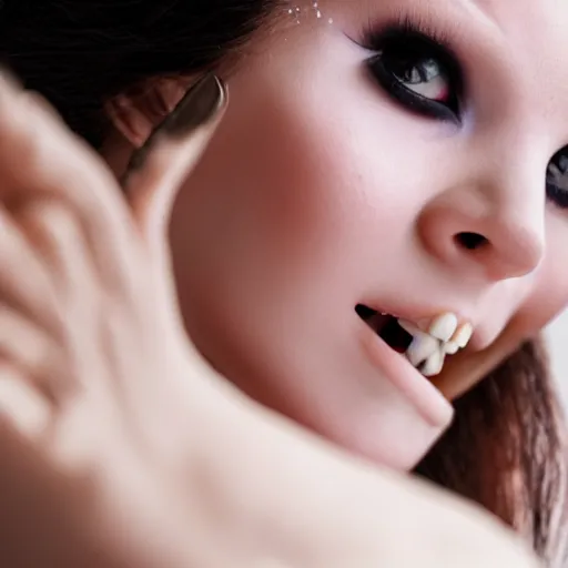 Image similar to a close up of a vampire girl getting ready to feed on her victim