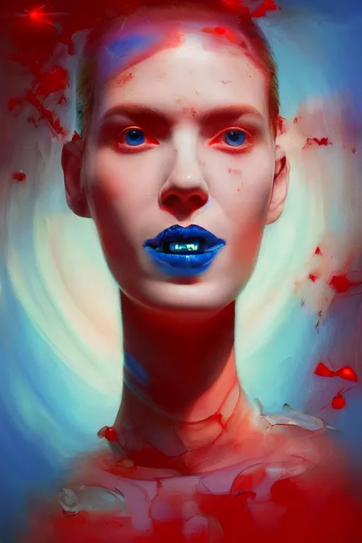 Prompt: 3 d, sci - fi, morning, stanley kubrick smiling fashion model face, sun, cinematic, lightning clouds, vogue cover style, poster art, light red and deep blue mood, realistic painting, intricate oil painting, high detail, figurative art, multiple exposure, poster art, 3 d, by tooth wu and wlop and beeple and greg rutkowski