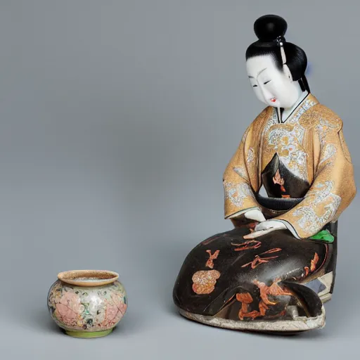 Prompt: - 1 a beautiful woman in the tang dynasty holding a vase and sitting on a white mouse, highly detailed, chinese ink painting, smooth, sharp focus uhd 8 k