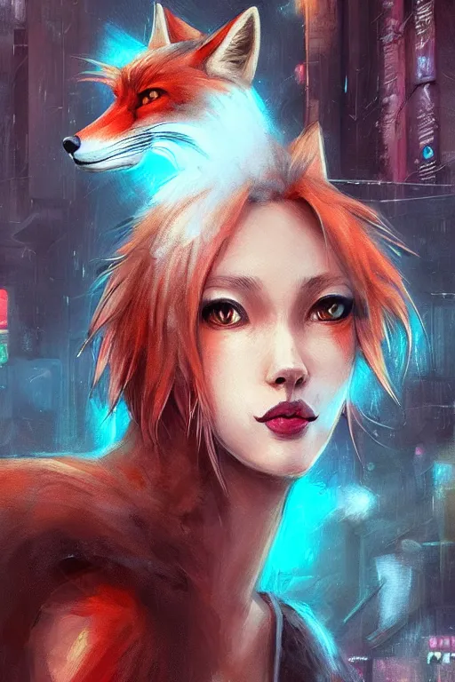 Image similar to beautiful portrait of a tall female anthro fox smoking a cigarette white standing head and shoulders taller than the bustling crowd of a rainy city street, cyberpunk, harsh neon lights, highly detailed, sharp focus, digital painting, illustration, trending on artstation, art by sakimichan, artgerm