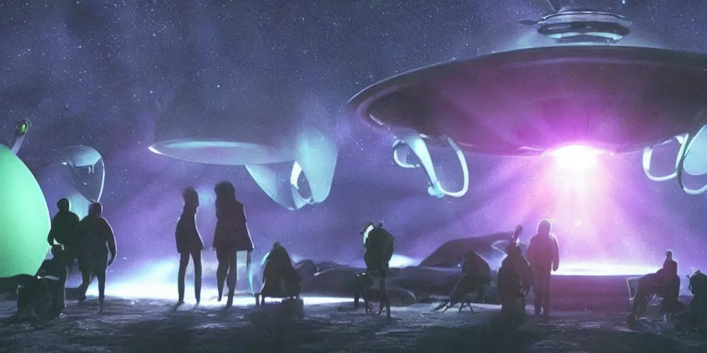 Prompt: a hidden camera shot of aliens having a party in a ufo, cinematic masterpiece, beautiful lighting