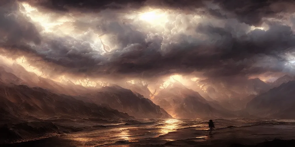 Image similar to los angeles hit by a biblical flood during a storm, dramatic lighting, beautiful, stunning landscape artwork by artgerm, rutkowski, wlop featured on artstation, cgsociety, behance hd