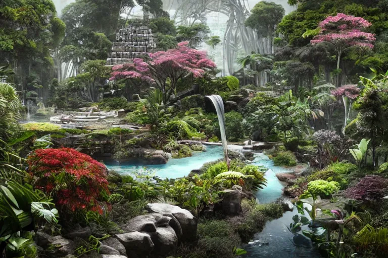 Image similar to brutalist white Aztec structures, manicured garden of eden, vivid pools and streams, tropical foliage, bromeliads, azaleas, Japanese maples, birds, sculpture gardens, Winter, by Jessica Rossier and Brian Froud