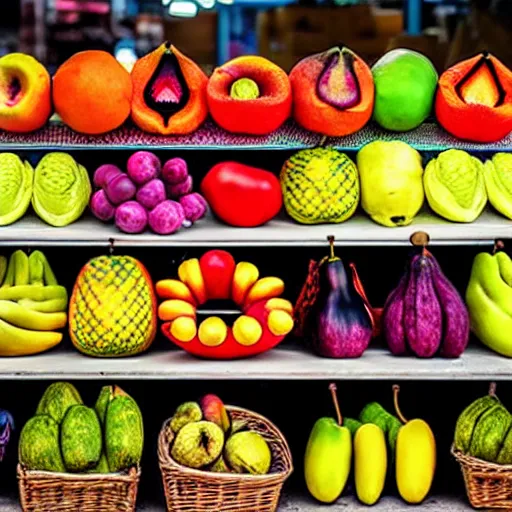 Prompt: uhd photorealistic produce stand selling half eaten fruit, uhd hyperdetailed photography