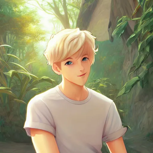 Prompt: young man with short, ash blond greyish hair, light brown eyes, casual clothes, relaxing, happy, path traced, highly detailed, high quality, digital painting, by don bluth and ross tran and studio ghibli and alphonse mucha, sylvain sarrailh