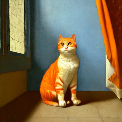 Image similar to a painting of an orange cat staring profoundly into the window, a detailed painting by johannes vermeer, behance, american scene painting, dutch golden age, detailed painting, academic art