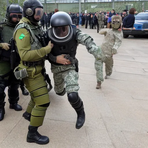 Image similar to a visitor from outer space, being arrested by spetsnaz forces