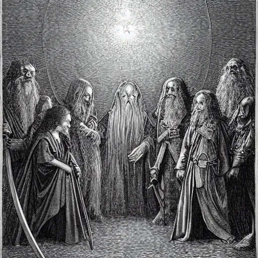 Prompt: lord of the rings, by gustave dore and albrecht durer