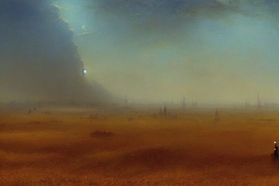 Prompt: sci-fi painting of a large alien city on the vast wheat fields, the closed back view of one humanoid robot on the ground, by Ivan Aivazovsky, godrays, detailed