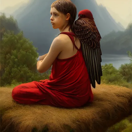 Prompt: Young Harpy-Girl, red feathered wings, wearing Inka clothes, sad expression, sitting at a pond, mountainous area, trees in the background, oil painting, by Greg Rutkowski