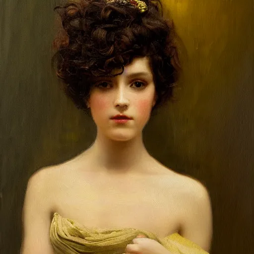Image similar to a oil painting of a fair skin with dark curly stylised hair queen wearing dress, by frederick william elwell, by otomo highly detailed, realistic, concept art, jewels, oriental, desaturated