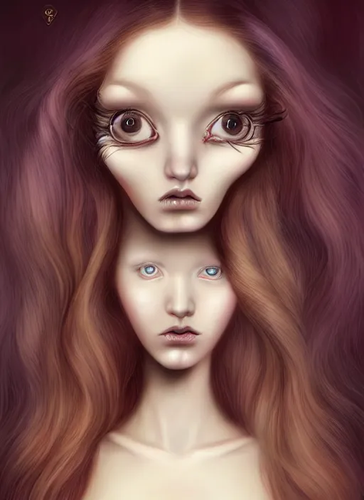 Image similar to pop surrealism, hyper realism, muted colors seductive female venus, cute girl, long hair, art by natalie shau, trevor brown