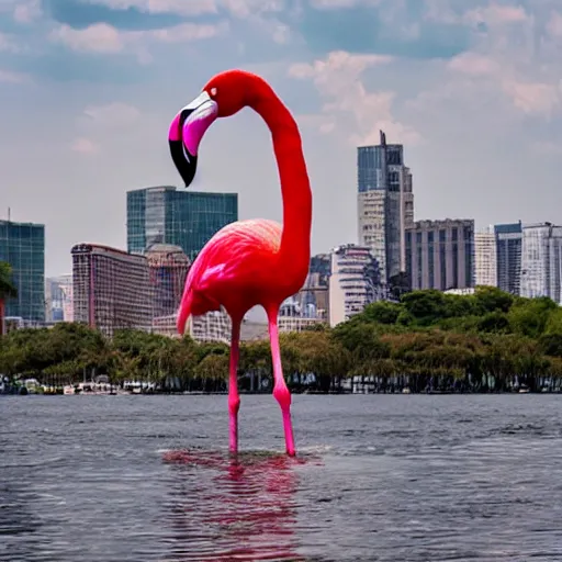 Image similar to photo of giant flamingo attacking a city