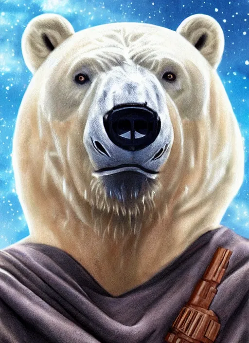 Image similar to a polar bear with stubble, wearing brown jedi robes, smiling, close up, portrait style, star wars atmosphere, photographic print, artgerm, hyper - realistic