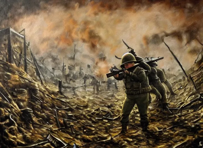 Prompt: realistic dark oil painting of spongebob squarepants, spongebob, spongebob squarepants inside ww 1 trenches, holding rifle, terrified, scared, war film