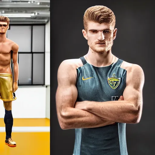 Prompt: a realistic detailed photo of a guy who is an attractive humanoid who is half robot and half humanoid, who is a male android, soccer players martin ødegaardtimo werner, shiny skin, posing like a statue, blank stare, in a factory, on display, showing off his muscles, gold soccer shorts, side view, looking at each other mindlessly