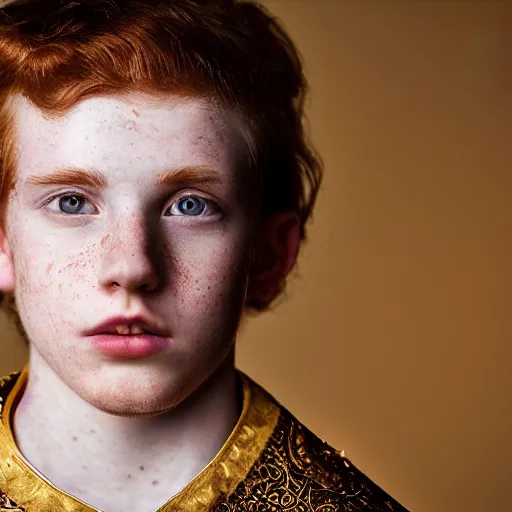 Image similar to A regal close-up, studio photographic portrait of a young man with auburn hair and freckles wearing a purple gilded medieval byzantine tunic, neutral flat lighting, overcast, hard focus, shot on a Sigma 135mm camera, featured in life magazine