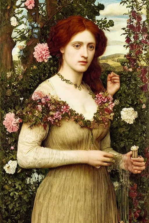 Prompt: a pre-raphaelite portrait of a woman in a mythical dress with floral decoration