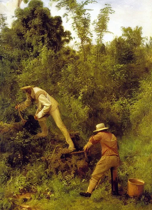 Image similar to artwork painting of a lush environment, a man is digging a grave, by eugene von guerard, ivan shishkin, john singer sargent