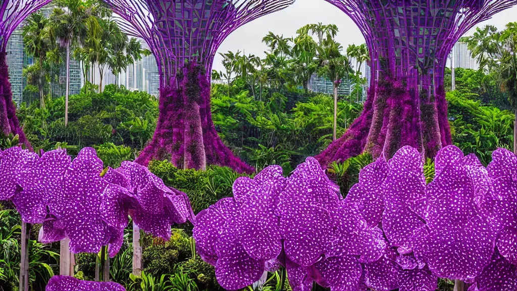 Image similar to giant purple orchid growing of out gardens by the bay in singapore. andreas achenbach, artgerm, mikko lagerstedt, zack snyder, tokujin yoshioka