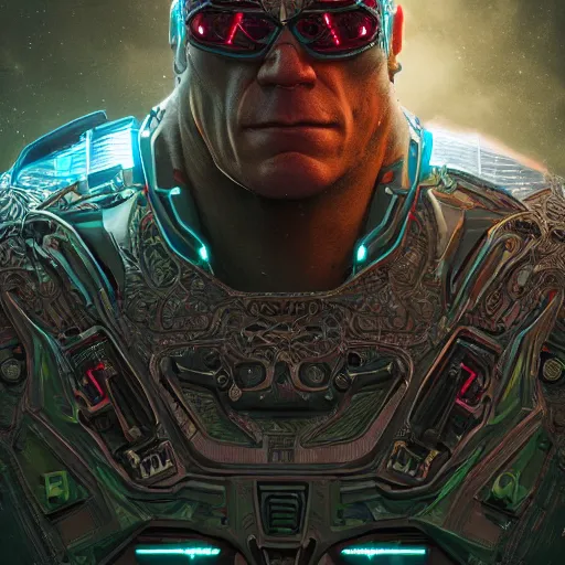 Image similar to John Cena as a superhero, full face, insipiring, detailed intricate ornate , luxurious detail, sci-fi, neon, emeralds, detailed technology full background, highly detailed, artstation, Rene Lalique and Eddie Mendoza