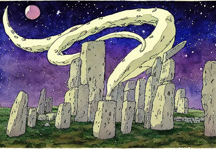 Image similar to a simple watercolor studio ghibli movie still fantasy concept art of stonehenge. a giant squid from princess mononoke ( 1 9 9 7 ) holding large stones. it is a misty starry night. by rebecca guay, michael kaluta, charles vess