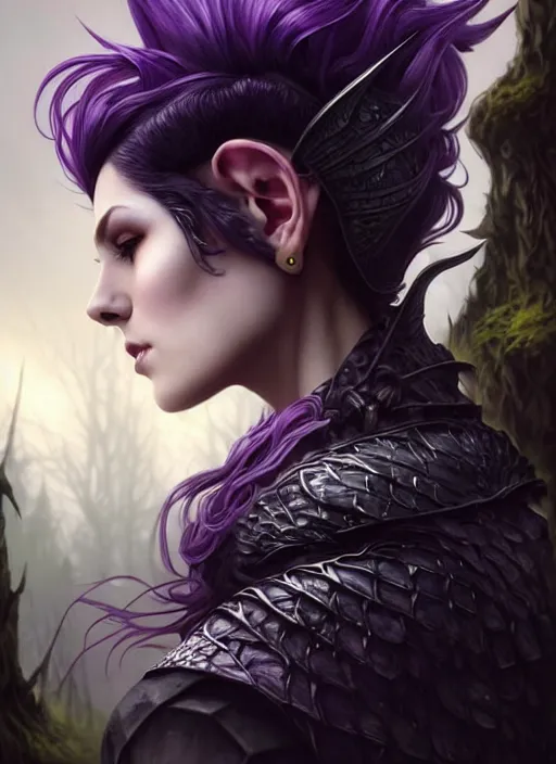 Image similar to side portrait dark witch, adventurer outfit large cloak, fantasy forest landscape, dragon scales, fantasy magic, undercut hairstyle, short purple black fade hair, dark light night, intricate, elegant, sharp focus, illustration, highly detailed, digital painting, concept art, matte, art by WLOP and Artgerm and Greg Rutkowski and Alphonse Mucha, masterpiece