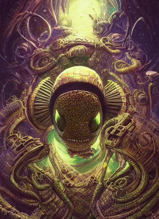 Image similar to spaceship mf doom reptile eyes, cosmic lsd poster art, intricate, elegant, highly detailed, centered, digital painting, artstation, concept art, smooth, sharp focus, illustration, artgerm, tomasz alen kopera, peter mohrbacher, donato giancola, joseph christian leyendecker, wlop, frank frazetta