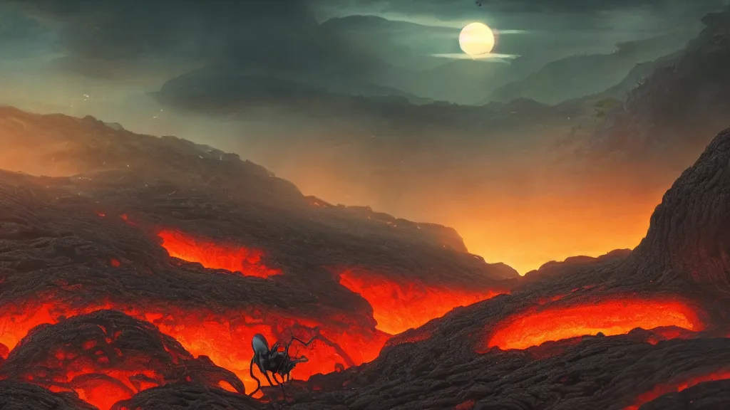 Image similar to colony of humanoid ants, beautiful lava landscape, dramatic lighting, cinematic, extremly high detail, photorealistic, cinematic lighting, post processed, concept art, artstation, matte painting, style by greg rutkowsky, by beautiful walt disney animation films of the late 1 9 9 0 s and thomas cole in hd, perfect readability