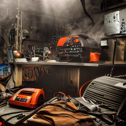 Image similar to overcharging toaster oven, tangles of metallic cables, dark messy smoke - filled cluttered workshop, dark, dramatic lighting, orange tint, sparks, plasma charges, cinematic, highly detailed, sci - fi, futuristic, movie still