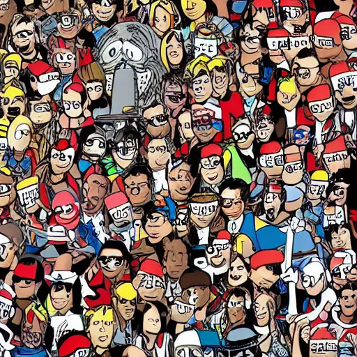 Image similar to cartoon of where's waldo at comic con