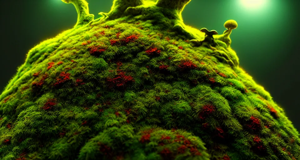 Image similar to a beautiful macro photography of moss with alien fungus, hyperdetailed, warm volumetric lights, made by gerald brom and mike winkelmann