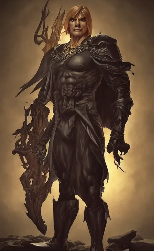 Image similar to one full body centered character pose of dark-mysterious-shadowy-eerie-ominous He-Man with a dark manner, atmospheric, cinematic, Epic, 4k, ultra-detailed, ultra-realistic, colored ZBrush render, art by artgerm and Greg Rutkowski and Alphonse Mucha