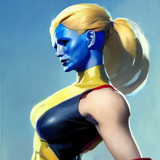 Image similar to greg manchess portrait painting of mystique x - men as overwatch character, medium shot, asymmetrical, profile picture, organic painting, sunny day, matte painting, bold shapes, hard edges, street art, trending on artstation, by huang guangjian and gil elvgren and sachin teng