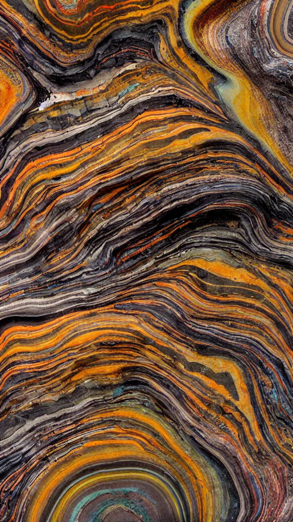 Image similar to vivid color, alien sedimentary schematic, organic swirling igneous rock, marbled veins, architectural drawing with layers of strata, ochre, sienna, black, gray, olive, mineral grains, dramatic lighting, rock texture, flowing crystal, sand by James jean, geology, octane render in the style of Luis García Mozos