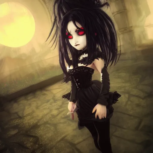 Image similar to full shot portrait of angry darkness Clara Morgane as a cute anime girl at moonlight, gothic wearing, inspired by Tim Burton, Norihiro Yagi, Marc Simonetti, Amano, detailed, unreal engine 4k volumetric light, fog,