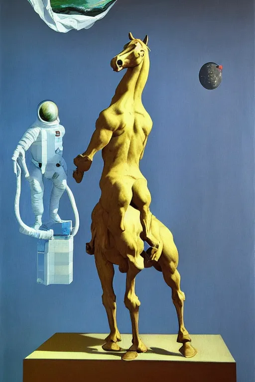 Image similar to statue of a horse in the hands of an astronaut, highly detailed painting by francis bacon, edward hopper, adrian ghenie, gerhard richter, and james jean soft light 4 k,