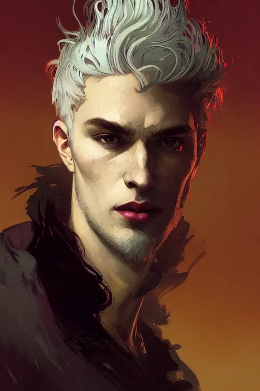 Image similar to portrait of a beautiful young fit male vampire with curly white hairs and yellow eyes, dressed with urban clothes, by greg rutkowski and alphonse mucha, d & d character, gradient white to red, modern nocturnal background, highly detailed portrait, digital painting, artstation, concept art, smooth, sharp focus ilustration, artstation hq