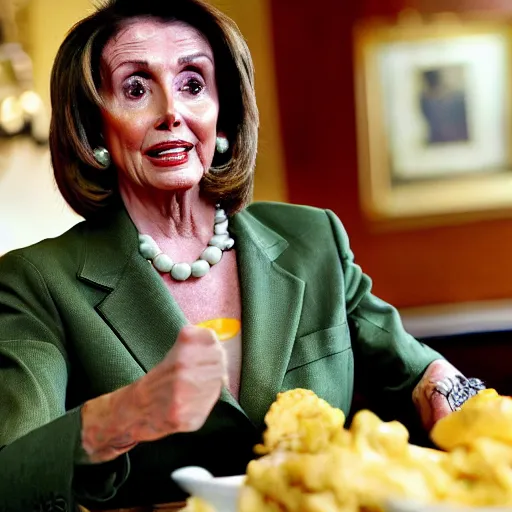 Image similar to a photograph of nancy pelosi wearing an army uniform while eating a large plate filled with scrambled eggs