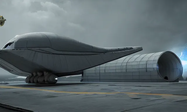 Prompt: matte painting, digital painting, high quality, unreal engine 5, spaceship in hangar