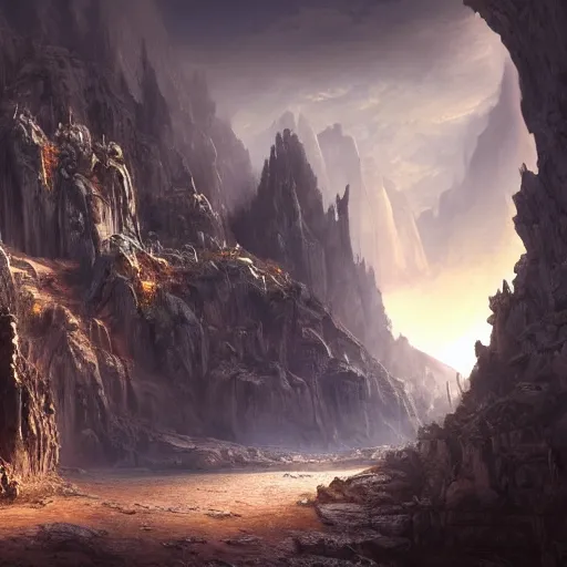 Image similar to “A beautiful hyper realistic detailed matte painting of the entrance to a dungeon of the gods at the base of an ancient mountain, dramatic lighting, dynamic lighting, cinematic lighting, lit by morning light, by Finnian MacManus and Jessica Rossier, unreal engine, featured on artstation, ultrawide angle, f8, polarizer filter, lava, magma, oversaturated, dof”