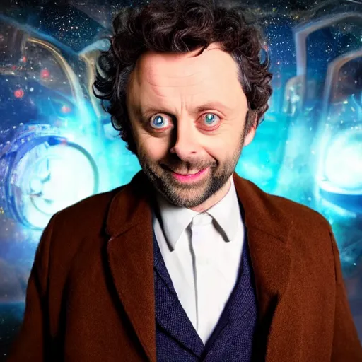 Image similar to a beautiful full body photograph of michael sheen as'doctor who ', time vortex in the background, detailed face, symmetrical face, extreme realism and detail, 8 k, completely framed, direct lighting, 3 5 mm photo, photorealistic, sharp focus