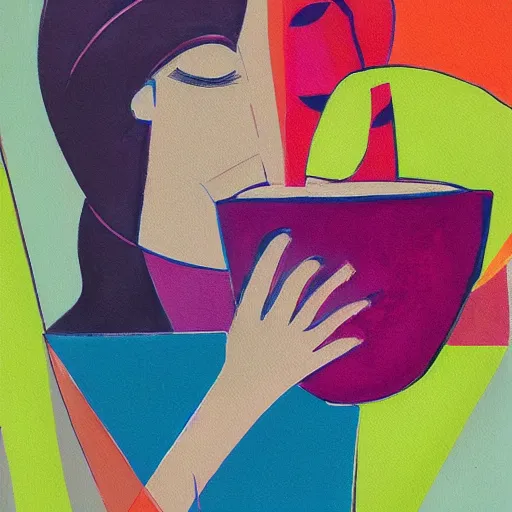 Image similar to beautiful lady, drinking tea, fruit basket, painting, abstract, clean shapes, print, litography pastel colors, ink lines, markus gunnar, konstfack