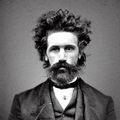 Image similar to A photograph portrait of Jerma985 with crazy hair and a pyramidal mustache in the late 1800s, taken in the late 1800s, 1870s, grainy, taken on a Field View Camera, realistic, hyperrealistic, very realistic, highly detailed, very detailed, extremely detailed, detailed, digital art, trending on artstation