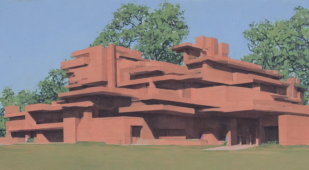 Image similar to gouache by james gurney. building designed by frank lloyd wright