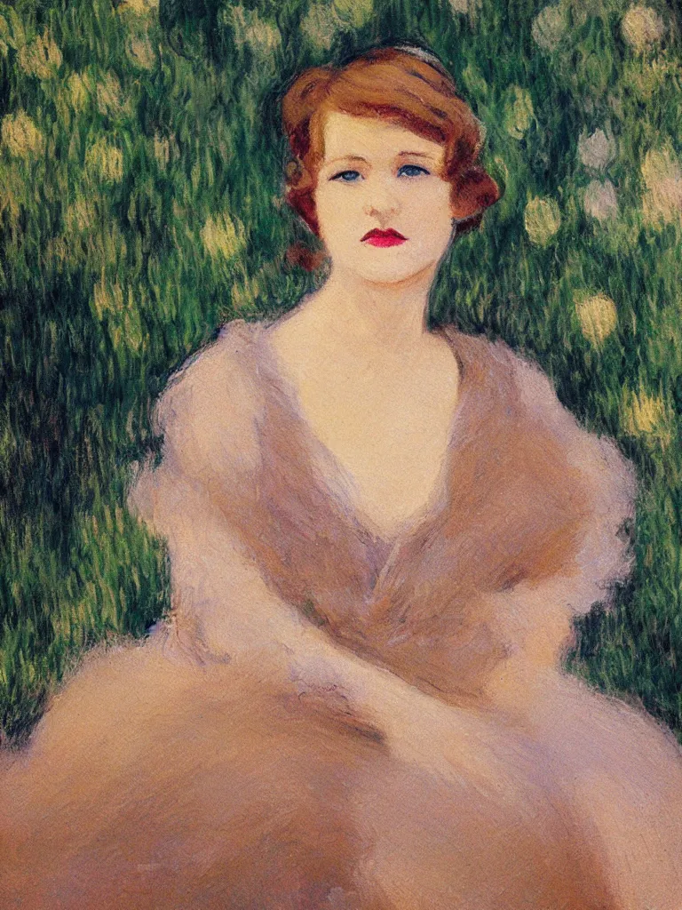 Image similar to portrait of < zelda fitzgerald > as a beautiful young lady wearing 1 9 2 0 s fashion, blurry face, brown hair, slim, fair, severe out of focus, depth of field, pleinairism, in the sun, backlit, closeup, oil on canvas, atr by monet, in the style of le promenade, smooth, impressionnisme, 8 k