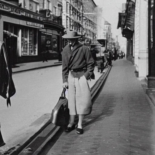 Prompt: man texting on his mobile phone while walking on the street, old 1940s photo, black and white, 60mm