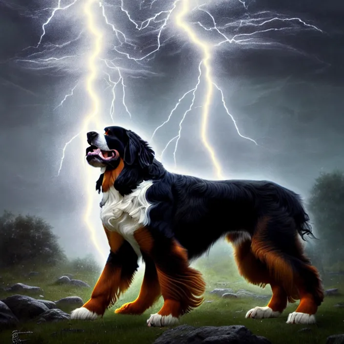 Image similar to a male human - bernese mountain dog hybrid as zeus, shooting lightning bolts from his paws, by greg rutkowski and alex grey, intricate details, artstation, furry, psychedelic, hd, beautiful