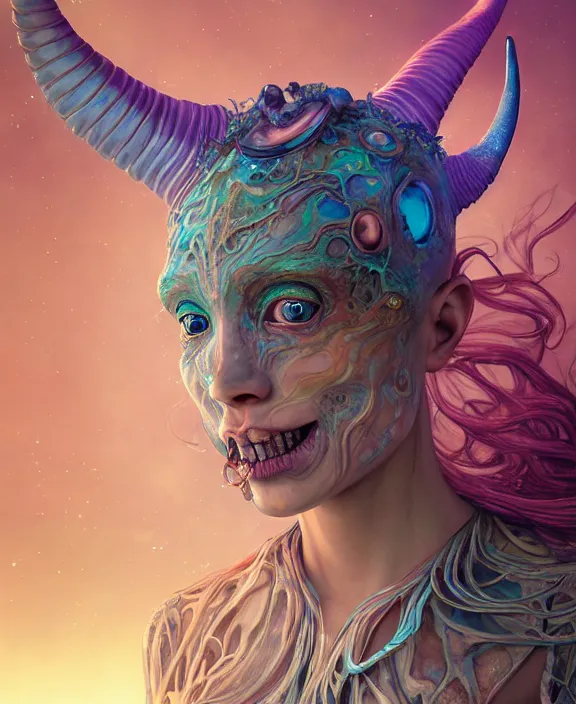 Image similar to intricate colorful transparent portrait of a terrifying beautiful alien sea creature, horns, shells, mottled coloring, adorable, childlike, anxiety environment, ultra realistic, concept art, art nouveau, photorealistic, octane render, 8 k, unreal engine. art by christopher marley and artgerm and greg rutkowski and alphonse mucha